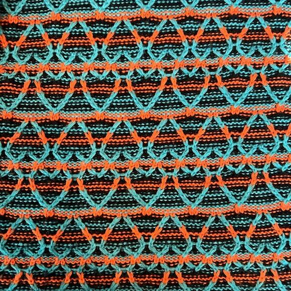 Angus Chiang Men’s Unisex Chunky Knit Interwoven Neon Orange Blue Hearts Sweater - Picture 4 of 7